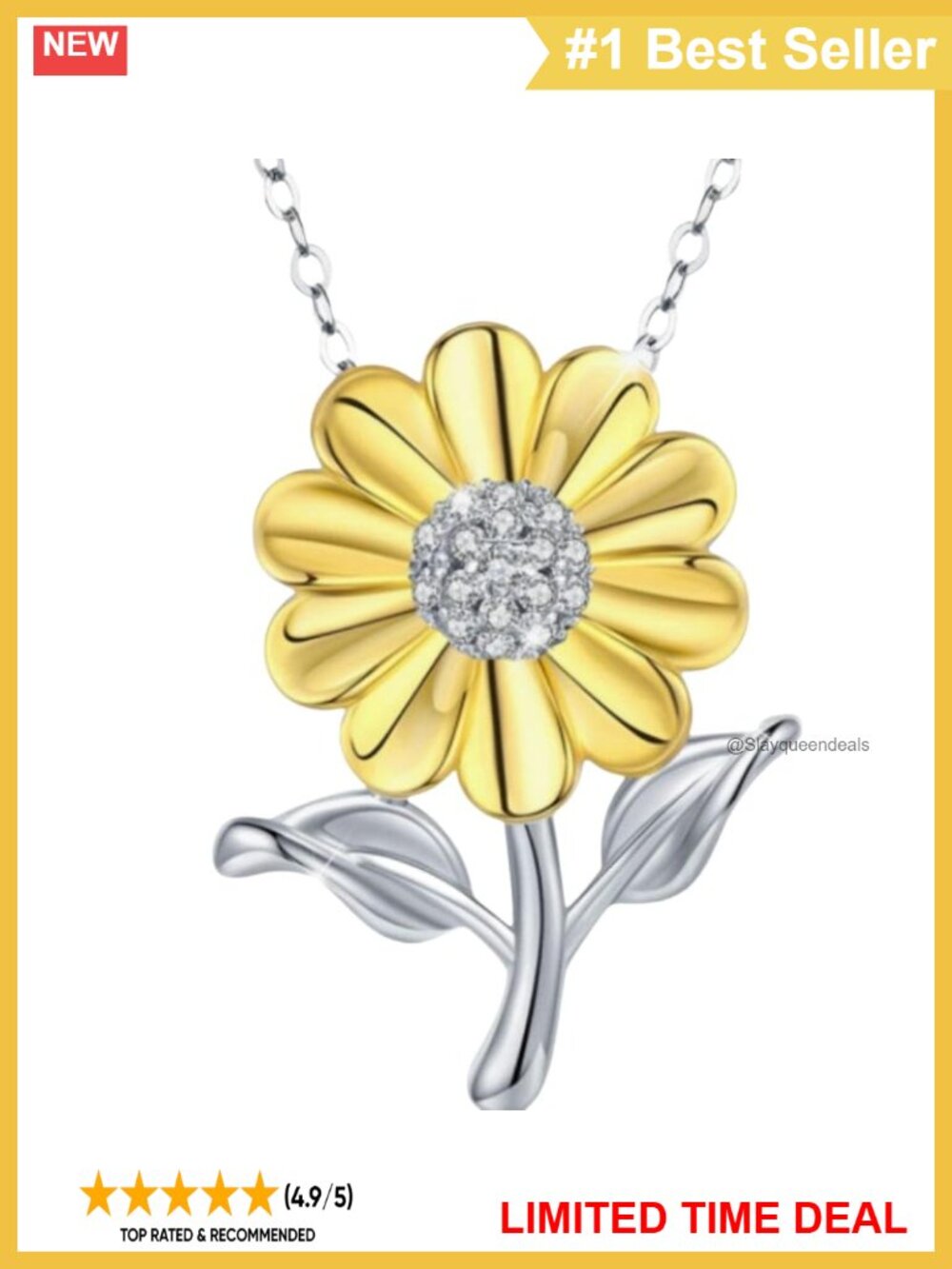 S925 Sterling Silver 18K Gold Plated Sunflower Pendant Necklace CZ Gift